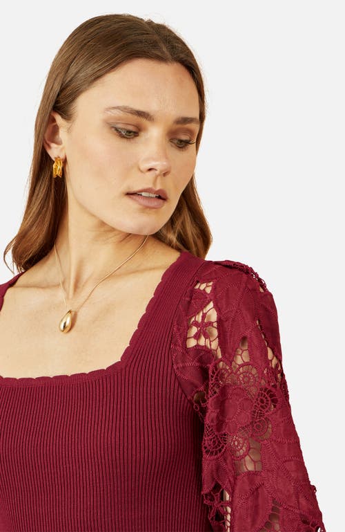 Yumi Ribbed Knitted Lace Sleeve Top In Burgundy