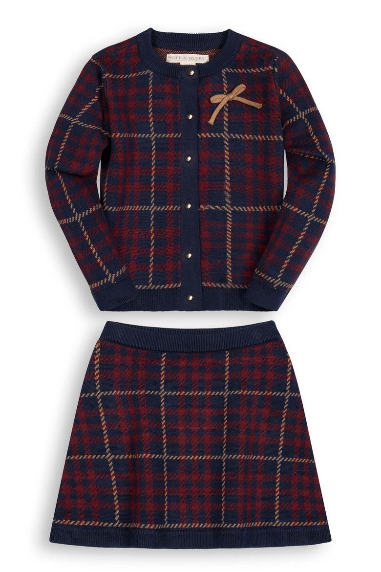 Kids' Organic Cotton Cardigan And Skirt Set, Main, color, Navy Plaid Intarsia
