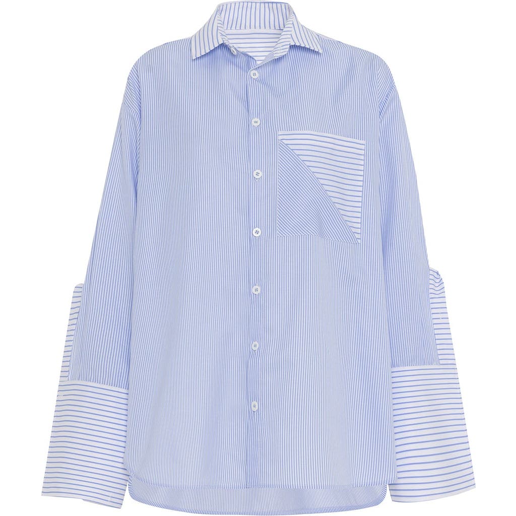 Theo The Label Echo Side Button Boyfriend Stripe Shirt In Sky Blue