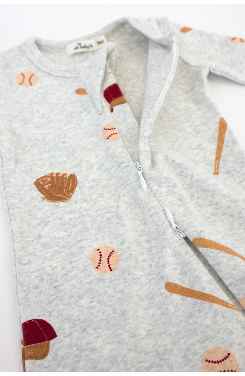 oh baby! Baseball Print Zipper Footie, Alternate, color, Heather Grey