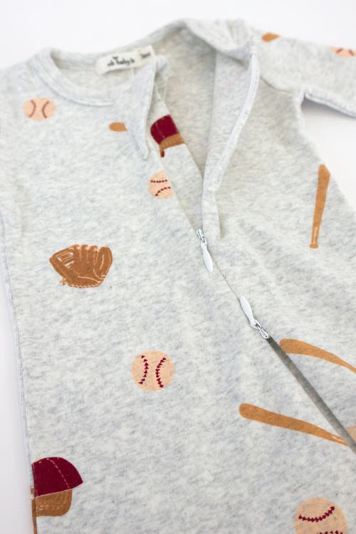 Oh Baby ! Baseball Print Zipper Footie In Heather Grey