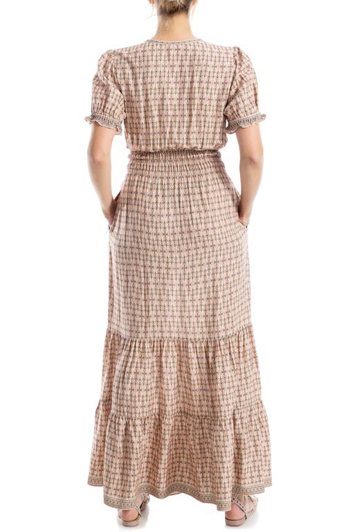 Max Studio Short Sleeve Tiered Maxi Dress In Blush Geo Tulip Grid