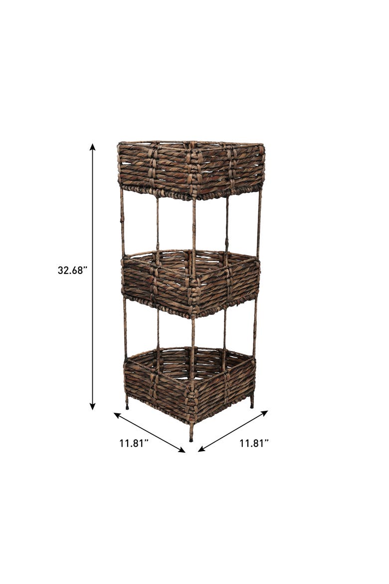 Lavish Coastal Handwoven Water Hyacinth 3-Tier Corner Freestanding Storage Rack with Metal Frame, Alternate, color, Brown