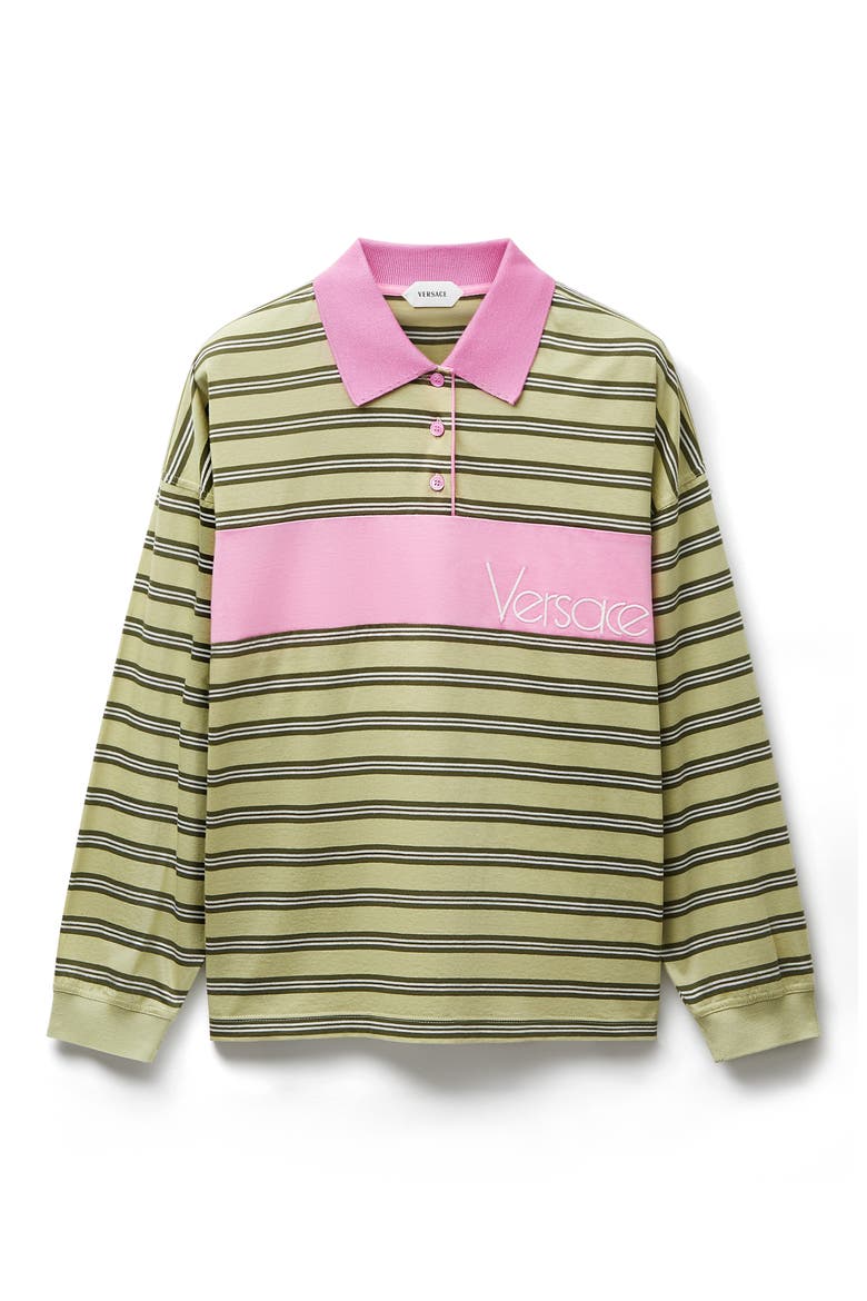 Logo Embroidered Stripe Long Sleeve Polo, Alternate, color, DUSTY LIME DARK OLIVE WHITE