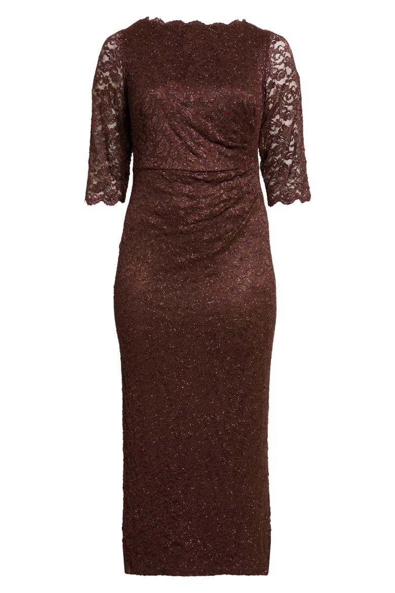 Side Tuck Lace Sheath Gown, Alternate, color, CHOCOLATE