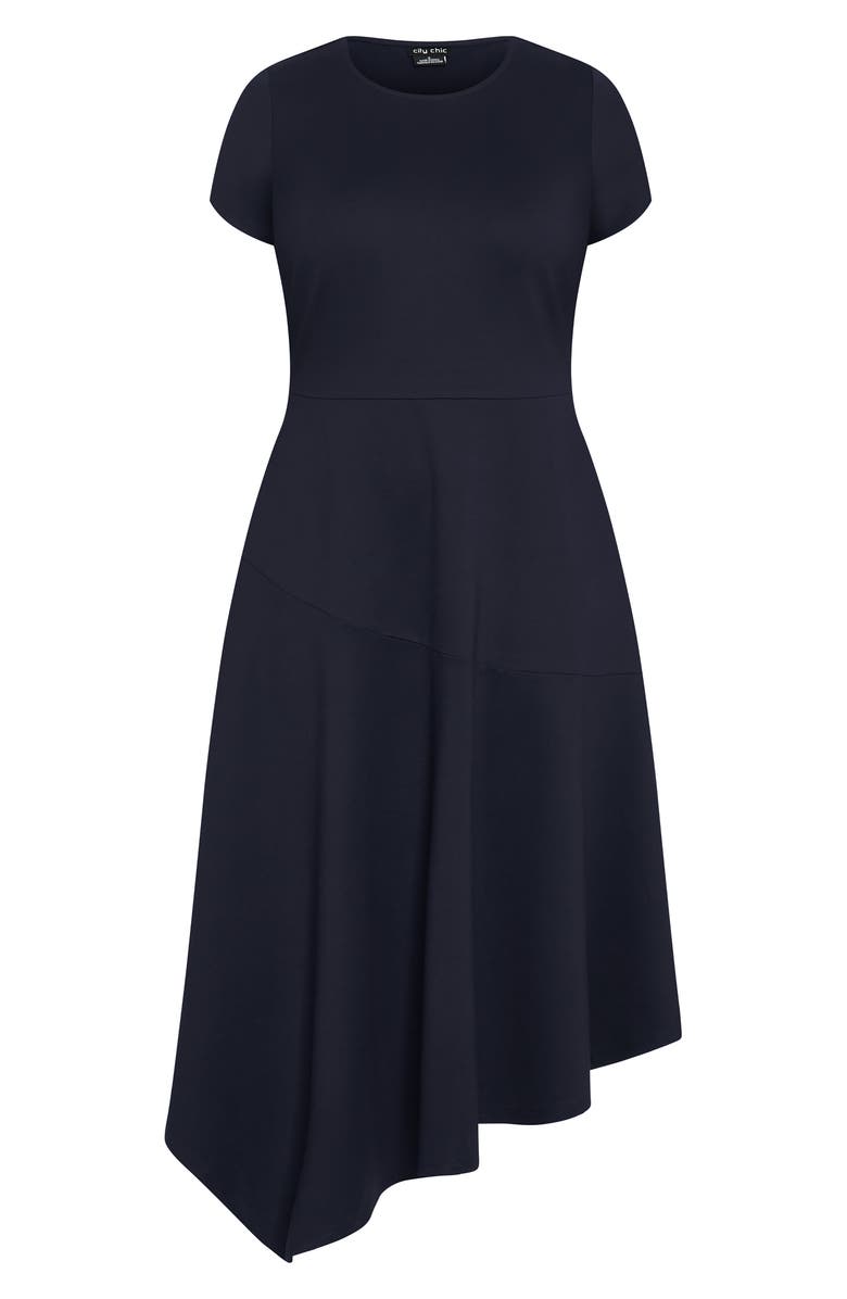City Chic Sunny Asymmetric Hem Ponte Dress, Main, color, Navy