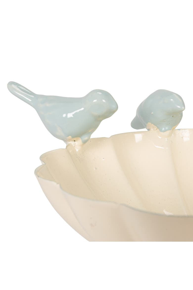 Decorative Metal Scalloped Bowl with 3D Birds on Rim, Antique White and Blue, Alternate, color, White