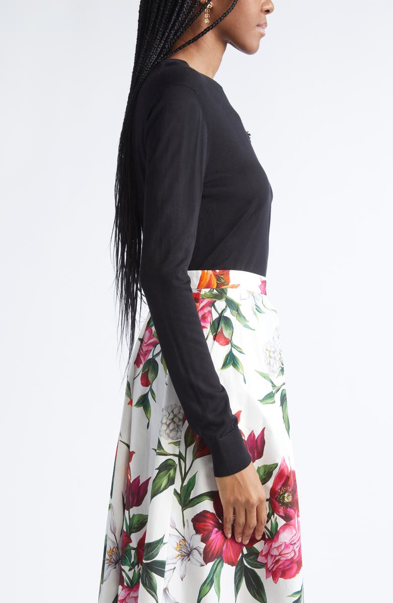 Dolce&Gabbana Floral Appliqué Silk Sweater, Alternate, color, N0000 Nero