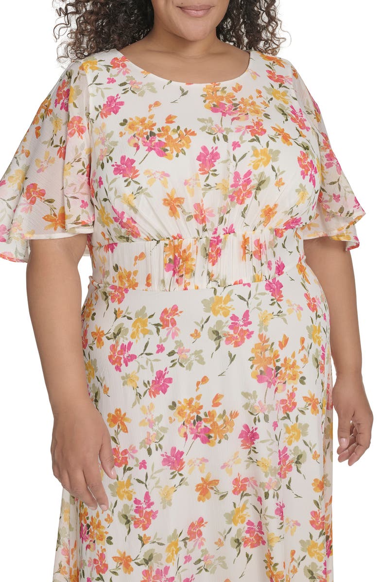 Calvin Klein Floral Capelet Short Sleeve Chiffon Maxi Dress, Alternate, color, Berry Multi