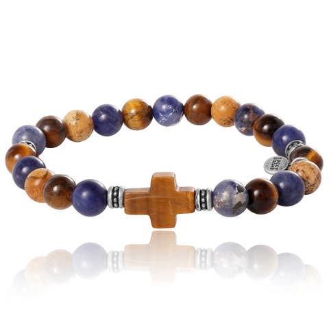 Sodalite Bead Stretch Bracelets with Cross Accents