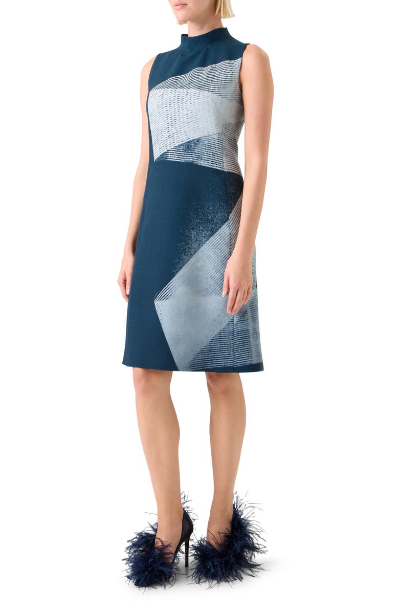 Akris Zigzag Print Silk Sheath Dress, Alternate, color, Denim-Ecru