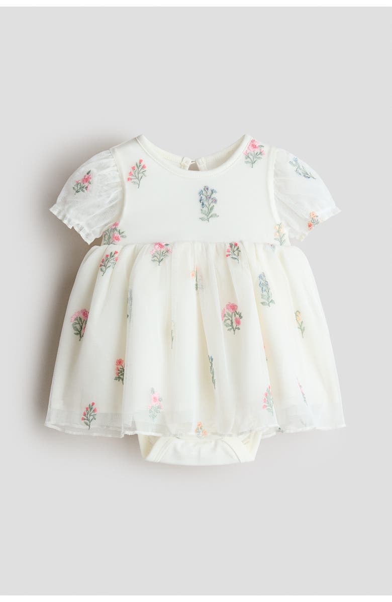 H&M Embroidered tulle bodysuit dress, Main, color, White/Floral