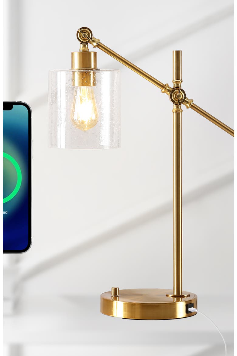 Kathryn Classic 23" Iron/Seeded Glass Adjustable Head Modern USB Charging LED Task Lamp, Brass Gold, Alternate, color, Brass Gold