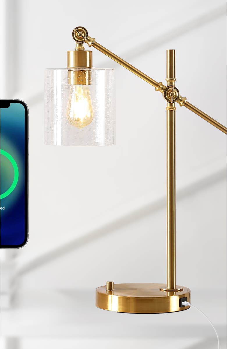 JONATHAN Y Kathryn Classic 23" Iron/Seeded Glass Adjustable Head Modern USB Charging LED Task Lamp, Brass Gold, Alternate, color, Brass Gold