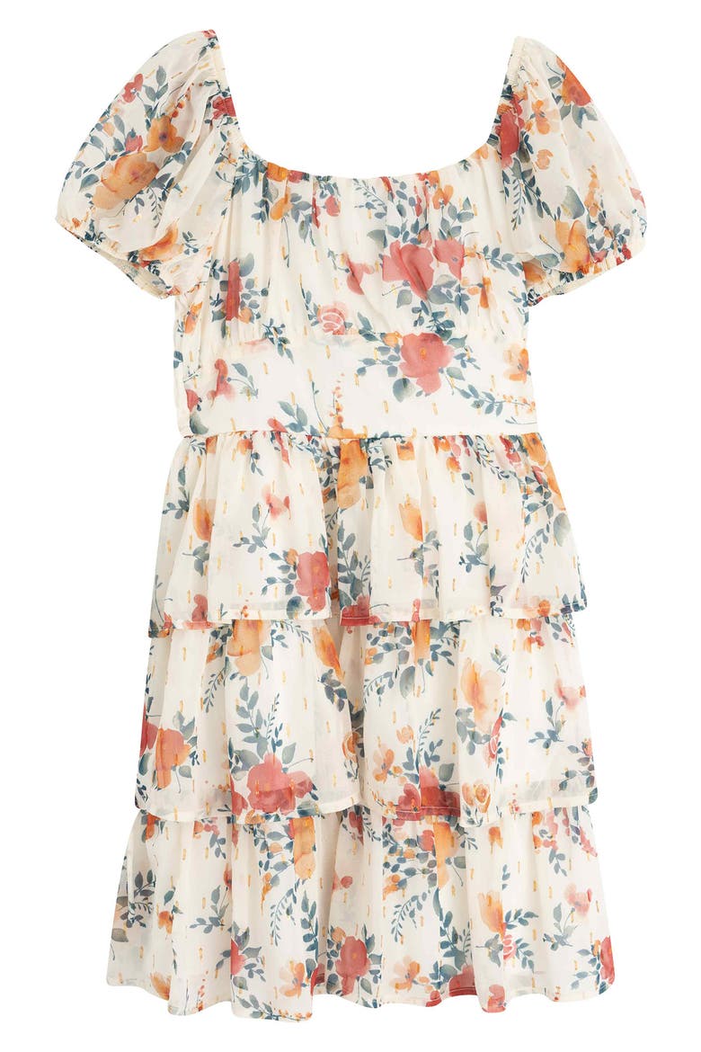 Kids' Floral Tiered Dress, Main, color, IVORY/ GREEN