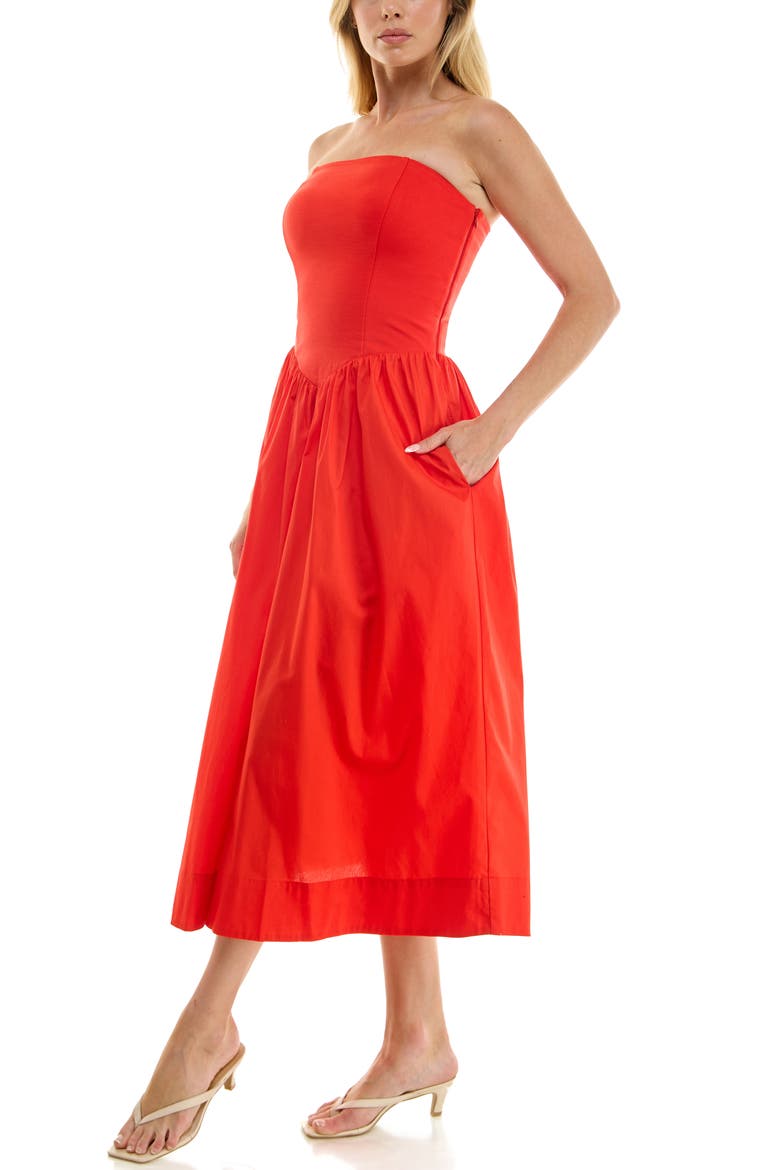 Mixed Media Strapless Midi Dress, Alternate, color, RED