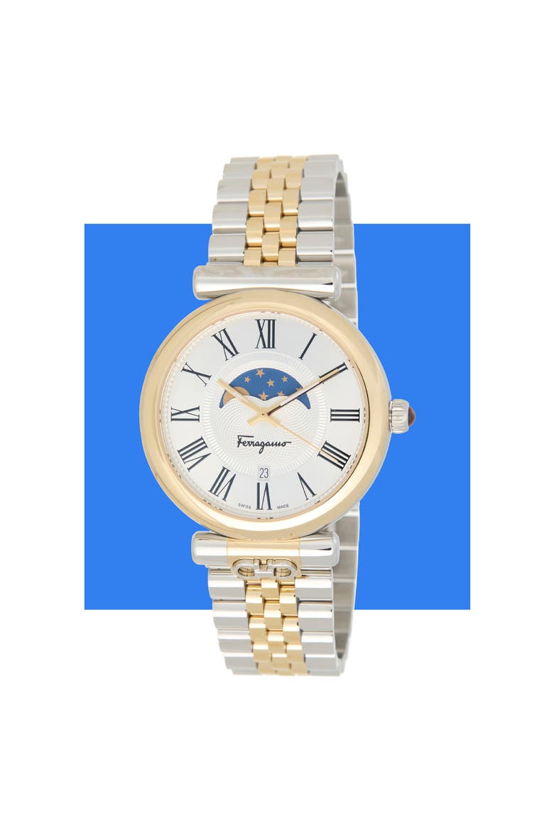 Ora Moonphase Two-Tone Bracelet Watch, 40mm, Main, color, WHITE/ TWO TONE