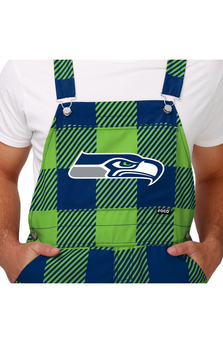 FOCO Men's FOCO  Navy Seattle Seahawks Big Logo Plaid Overalls, Alternate, color, 