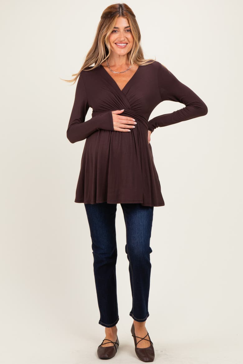 Brown Long Sleeve Draped Front Nursing Top, Alternate, color, Brown
