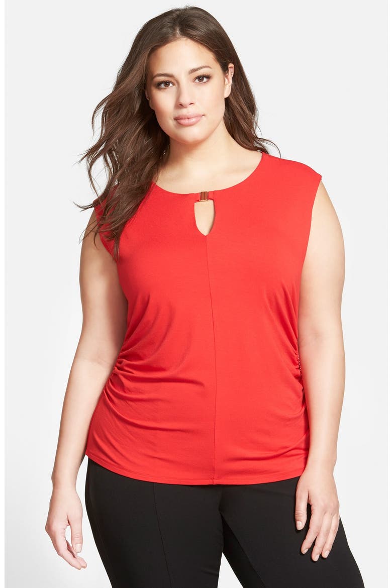 Hardware Detail Cap Sleeve Keyhole Top, Main, color, POP RED