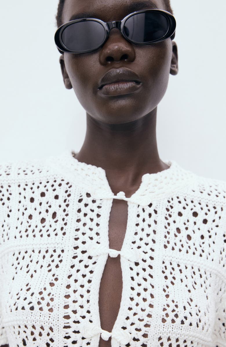 MANGO Open Stitch Short Sleeve Cardigan, Alternate, color, White