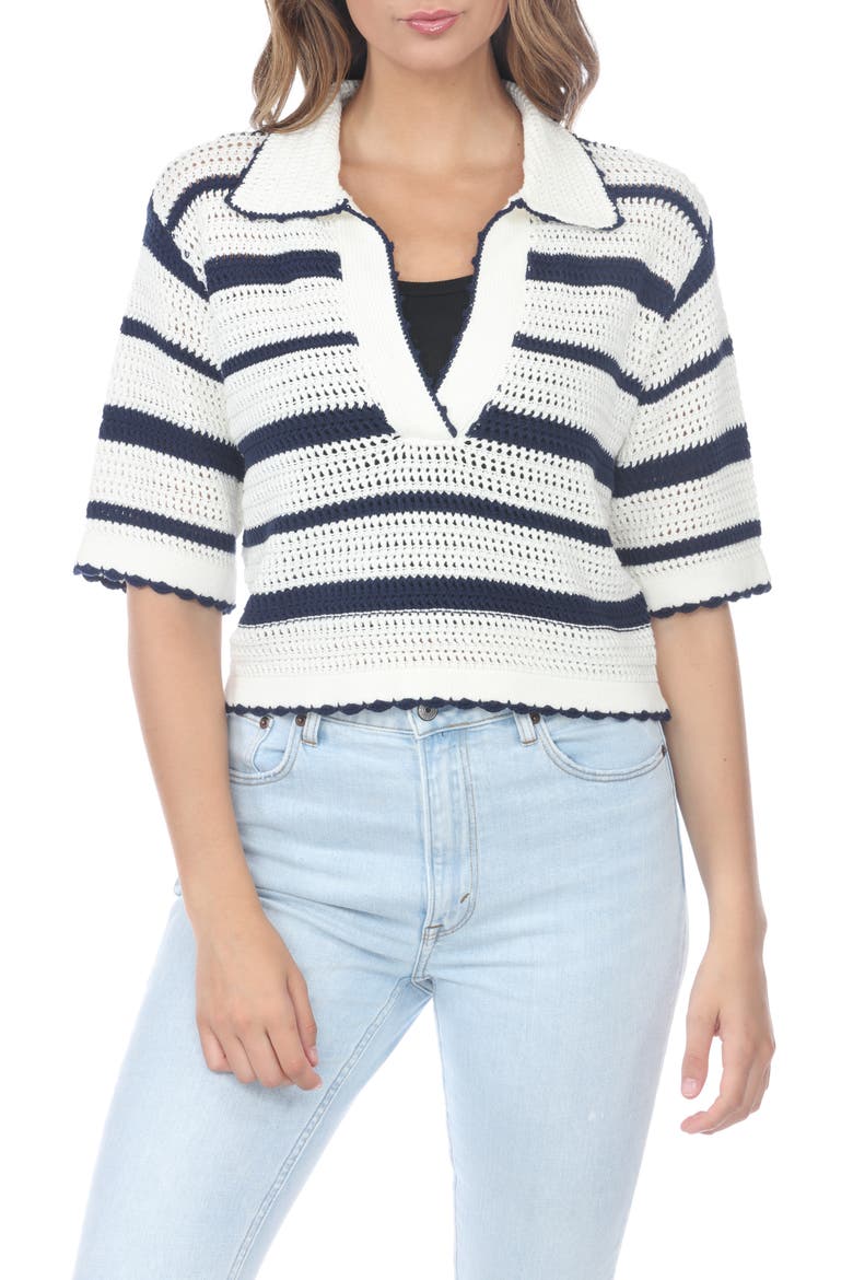 Cotton Stripe Polo Sweater, Main, color, WHITE