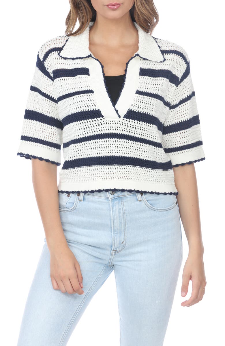 RAIN AND ROSE Cotton Stripe Polo Sweater, Main, color, White/ Navy