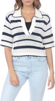 RAIN AND ROSE Cotton Stripe Polo Sweater