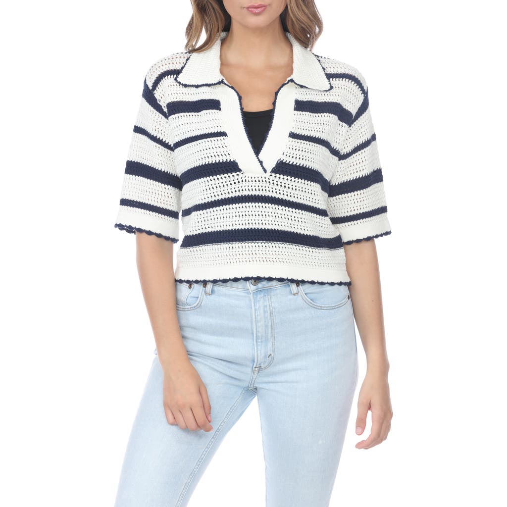 Rain And Rose Striped Open Stitch Polo In White/navy