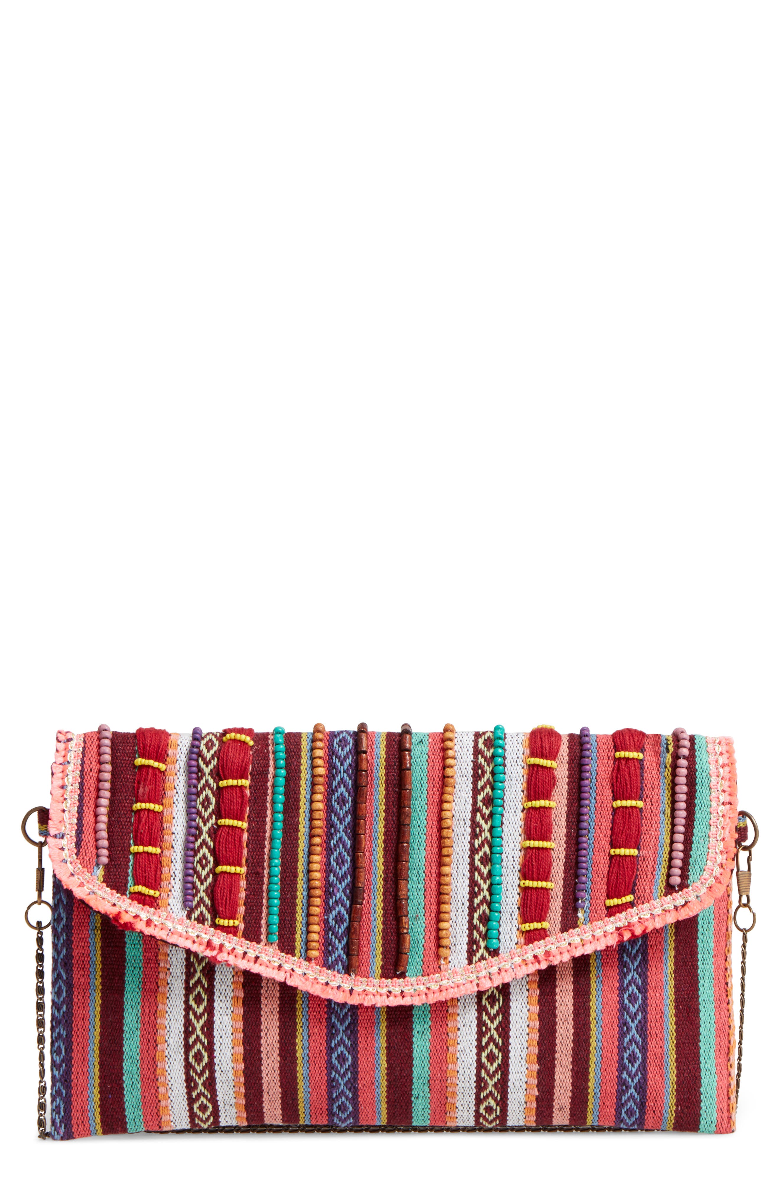 Steven by Steve Madden Jaura Beaded Envelope Clutch, Main, color, RED/ MULTI