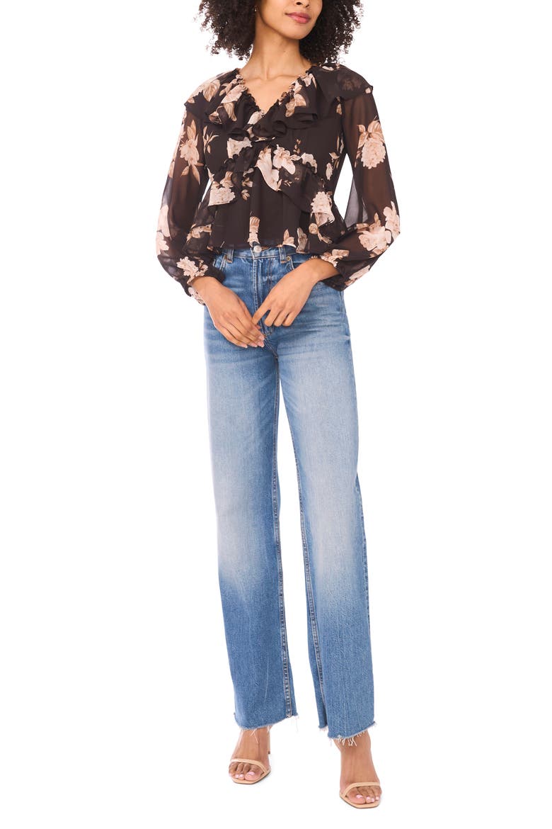 Floral Ruffle Long Sleeve Chiffon Crop Top, Alternate, color, CHOCOLATE TORTE
