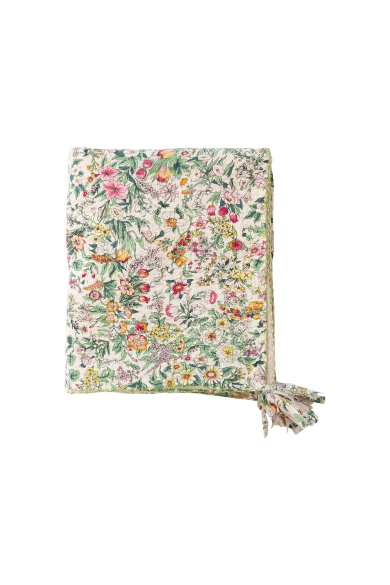 Soft Quilted Cotton Throw with Floral Pattern, Kantha Stitch and Tassels, Multicolor, Main, color, Beige