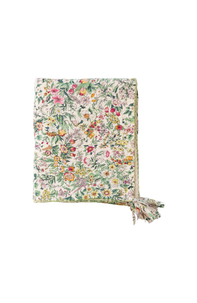 Storied Home Soft Quilted Cotton Throw with Floral Pattern, Kantha Stitch and Tassels, Multicolor, Main, color, Beige