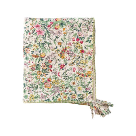 Soft Quilted Cotton Throw with Floral Pattern, Kantha Stitch and Tassels, Multicolor