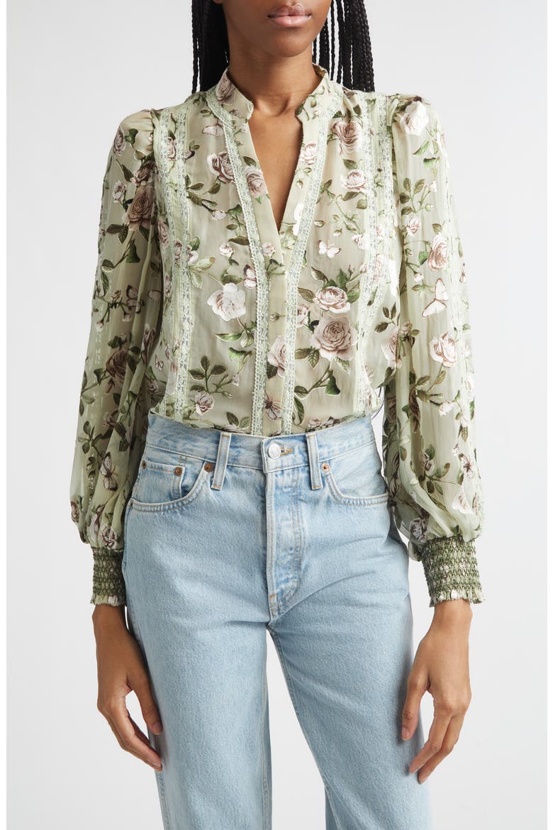 Arlette Floral Lace Trim Shirt, Main, color, GARDEN GOSSIP LIGHT SAGE