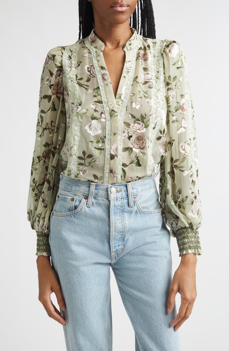 Alice + Olivia Arlette Floral Lace Trim Shirt, Main, color, Garden Gossip Light Sage