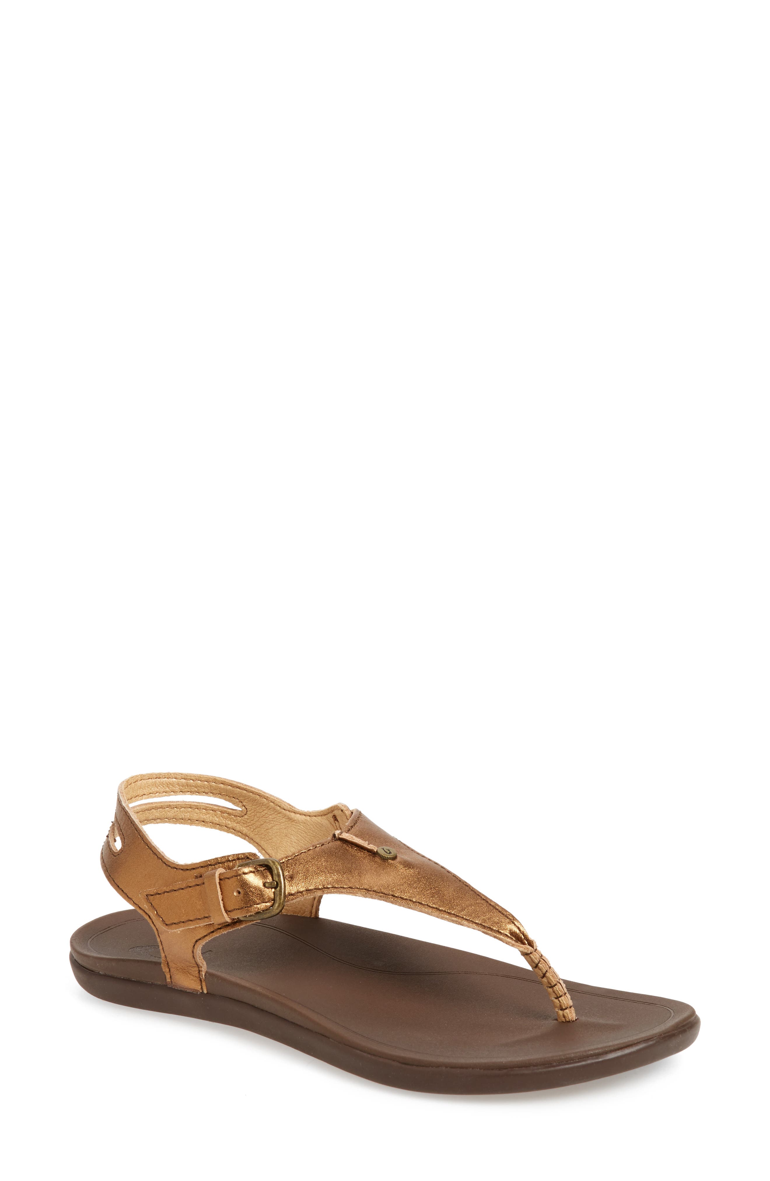 'Eheu V-Strap Sandal, Main, color, BRONZE/ KONA COFFEE LEATHER