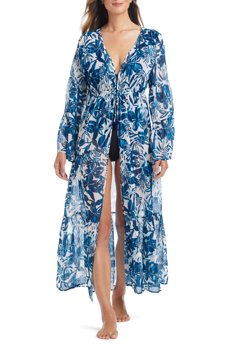Print Long Sleeve Cover-Up Dress, Main, color, BLUE MULTI