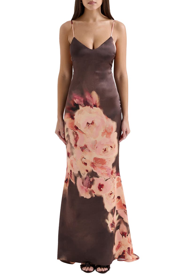 Mariamma Placement Print Satin Gown, Main, color, FLORAL PRINT