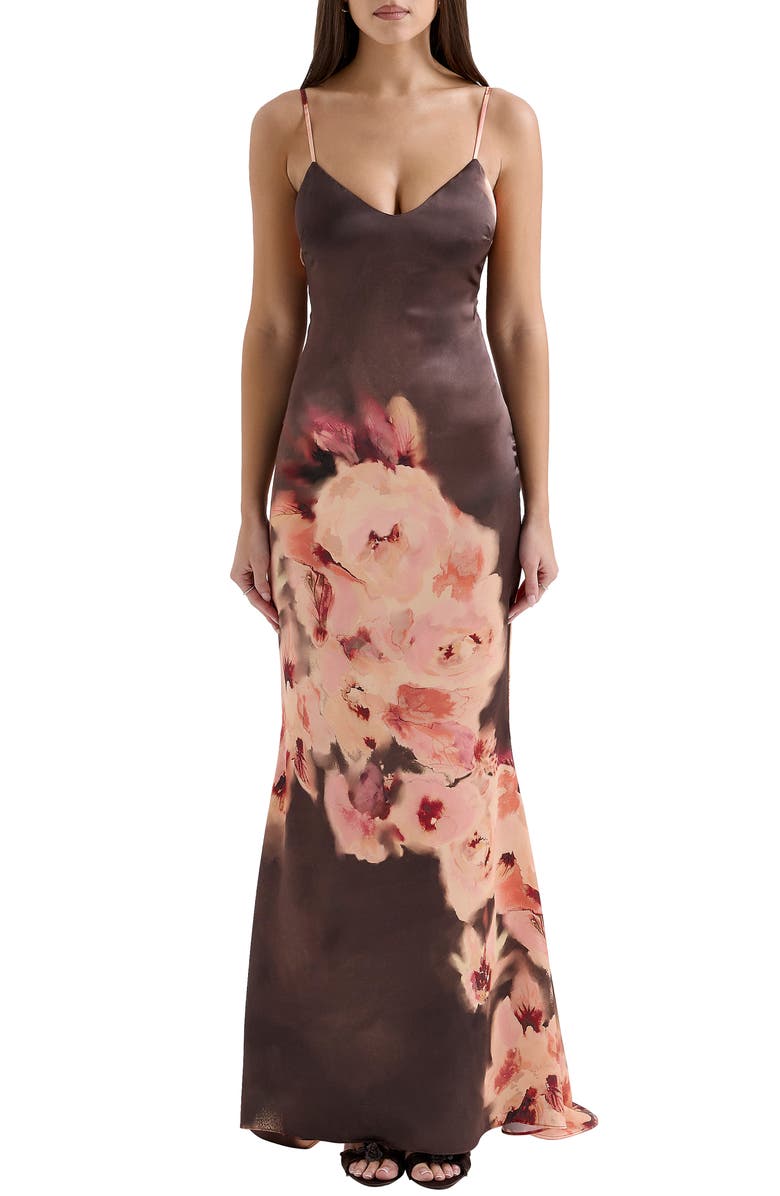 HOUSE OF CB Mariamma Placement Print Satin Gown, Main, color, Floral Print
