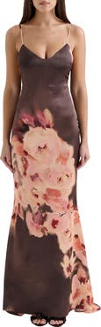 HOUSE OF CB Mariamma Placement Print Satin Gown