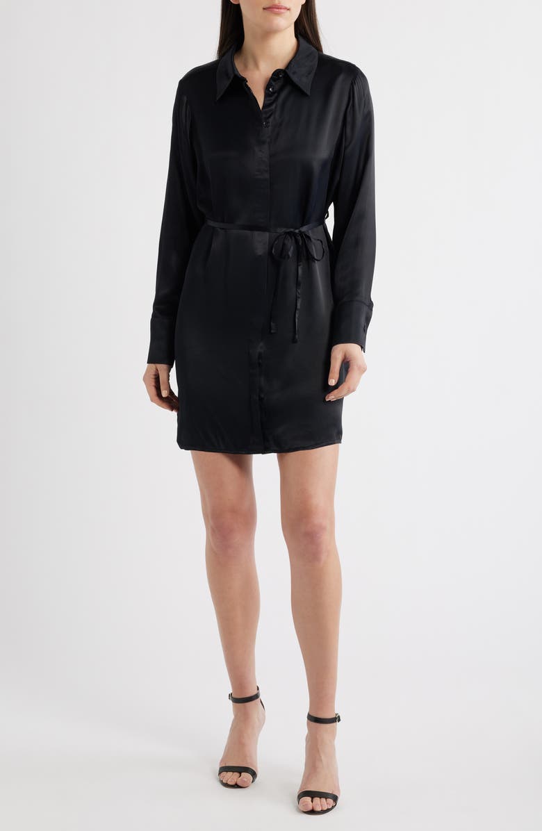 Mavi Jeans Tie Waist Long Sleeve Satin Shirtdress, Main, color, Black