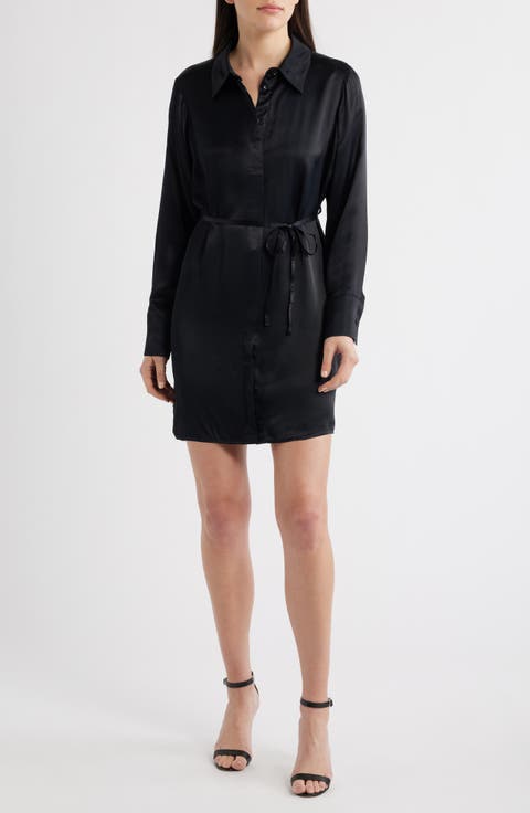 Tie Waist Long Sleeve Satin Shirtdress