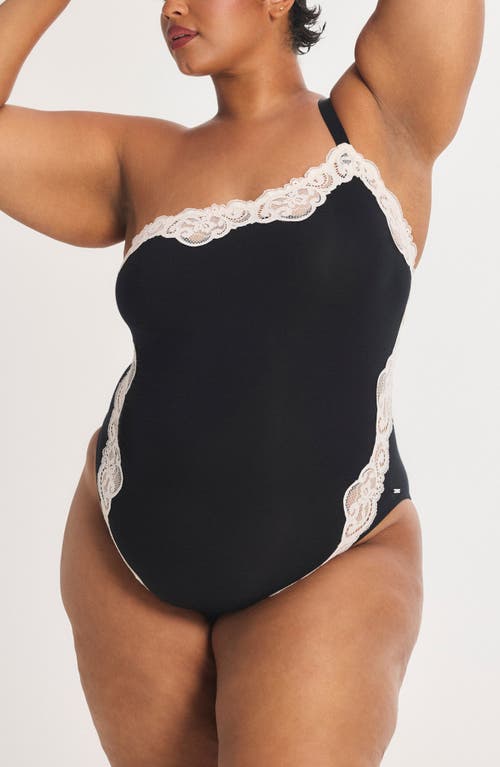 Savage X Fenty Swirly Girly One-shoulder Teddy In Black