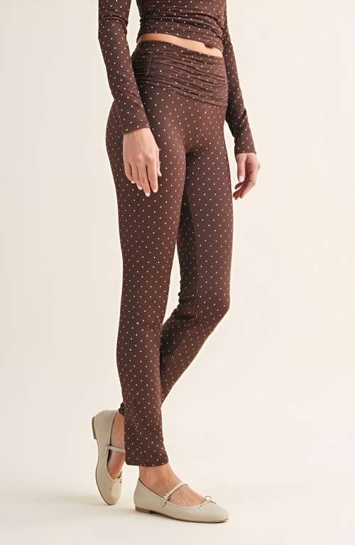 Modenaire Polka Dot Print High Waist Full-length Leggings With Wide Waistband In Brown