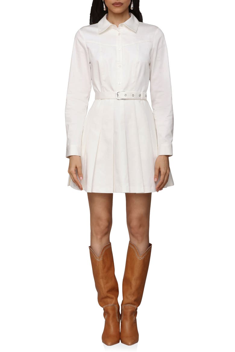 Pleated Belted Long Sleeve Cotton Blend Mini Shirtdress, Main, color, WHITE