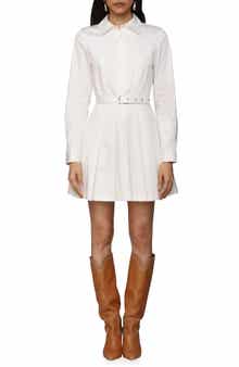Avec Les Filles Pleated Belted Long Sleeve Cotton Blend Mini Shirtdress