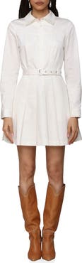 Avec Les Filles Pleated Belted Long Sleeve Cotton Blend Mini Shirtdress