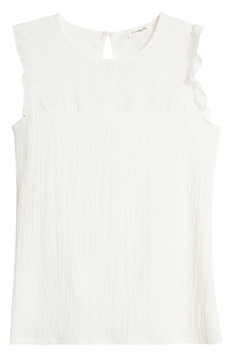 Loveappella Ruffle Clip Dot Smocked Shell, Alternate, color, White
