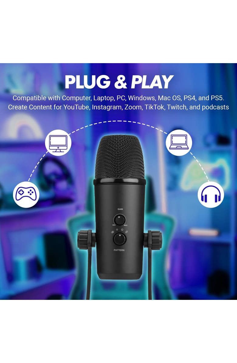 MOVO UM700 Desktop Studio USB Microphone with Stereo, Cardioid, Omnidirectional, and Bi-Directional Polar Patterns, Alternate, color, Black